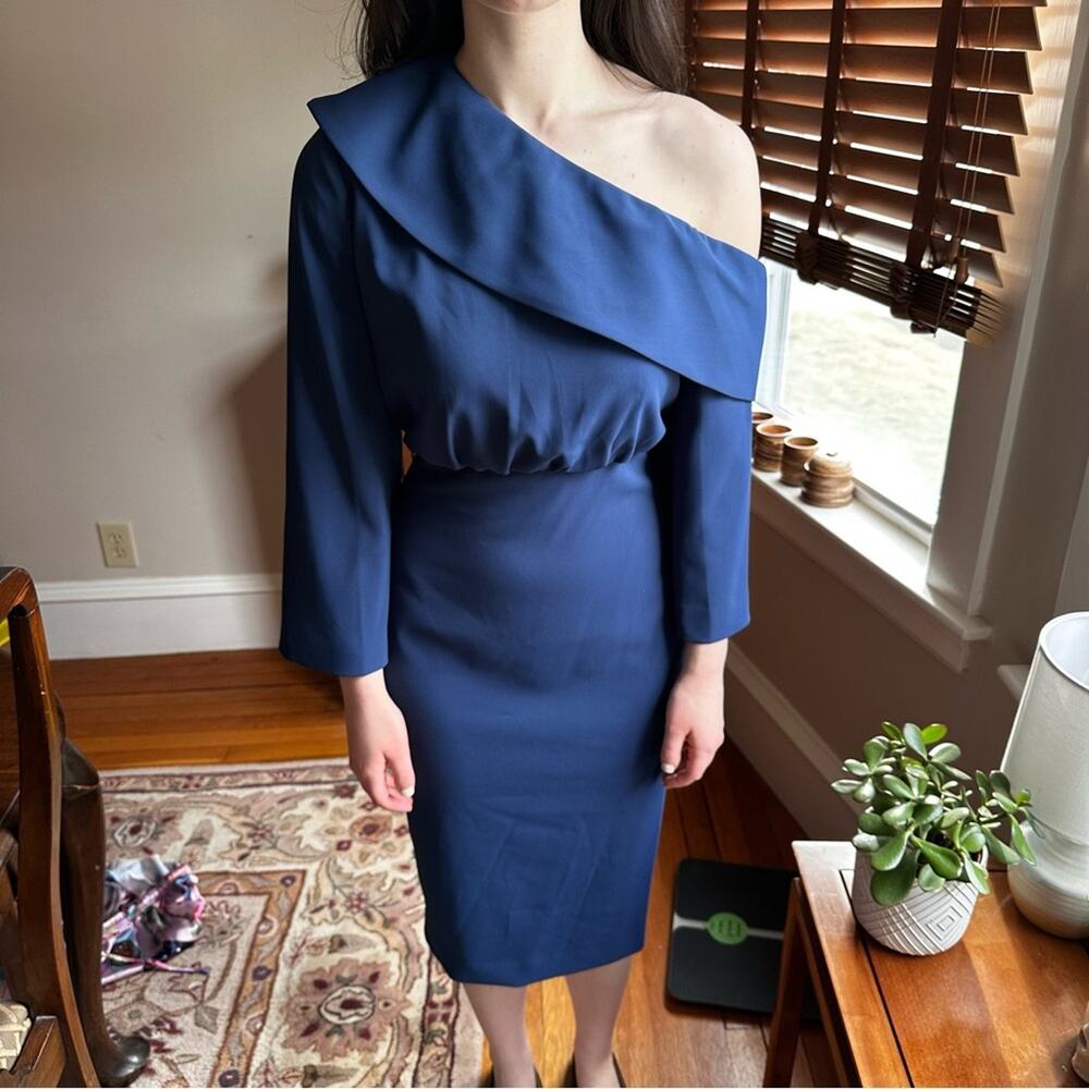 Badgley Mischka SC2504 Midnight Off Shoulder Trumpet Sleeve Sheath Dress sz 2